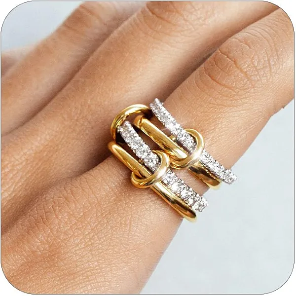 TLY Stackable Gold Rings for Women 18K Gold Plated Interlocking Ring Stack Set Gold Silver Mixed Metal Statement Rings Waterproof Dainty Cubic Zirconia CZ Fashion Connected Band Thumb Ring Size 4-11 Jewelry Gift for Women