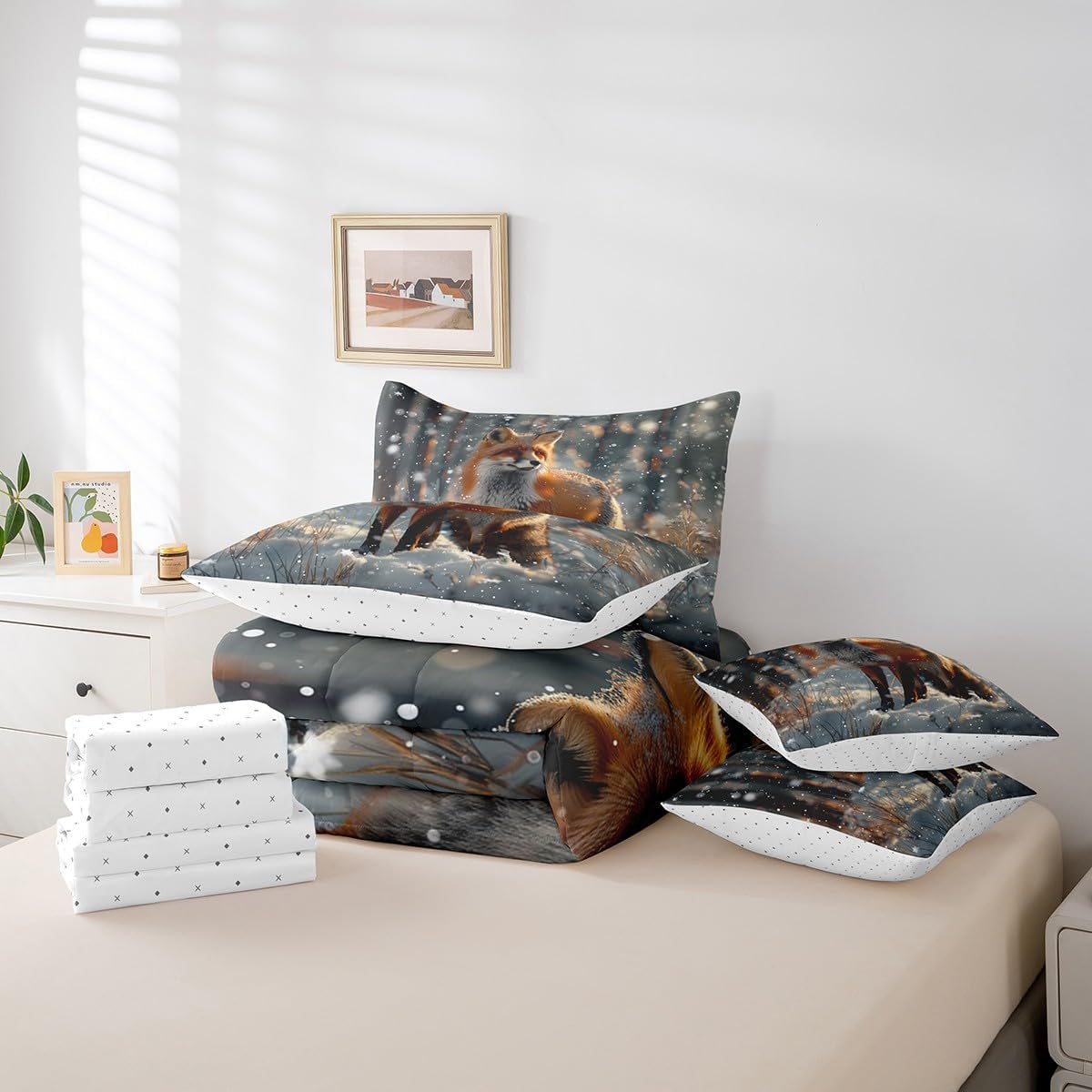 Queen Size 7 Piece Bedding Sets Fox Snowflake Comforter Set Winter Theme Animal Bed Sheet Nature Reversible Printed Quilt Set + Flat Sheet + Fitted Sheet + 2 Pillowcase + 2 Throw Pillow Covers