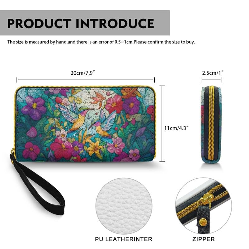 Hummingbird Flowers Zip Around Wallet for Women Long Purse, Stained Glass Art Birds Floral Slim Credit Card Holder Bifold Phone Clutch Organizer4