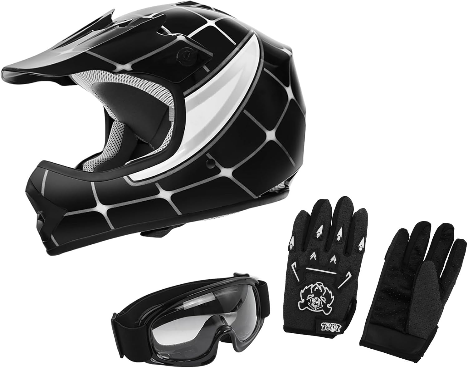XFMT DOT Youth Motocross Helmet with Goggles and Gloves (Black Spiders, X-Large)