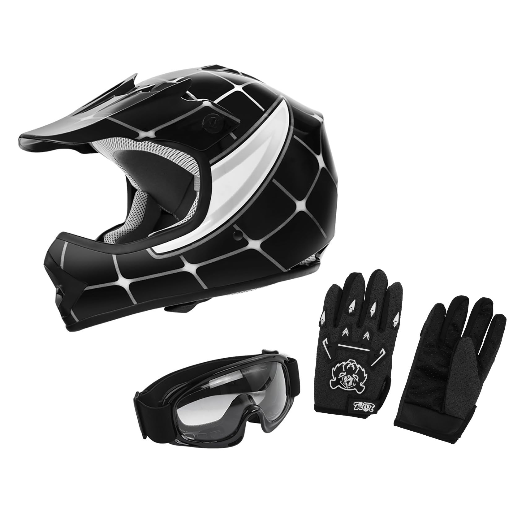 XFMT DOT Youth Kids Motocross Offroad Street Dirt Bike Helmet Goggles Gloves ATV Mx Helmet … (Black Spiders, Small)