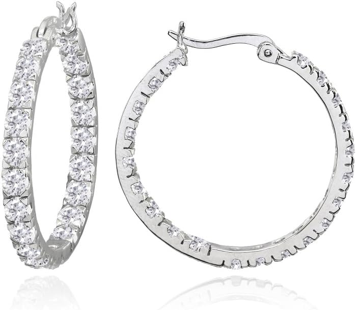 Sterling Silver 3mm Cubic Zirconia Inside Out Round Hoop Earrings