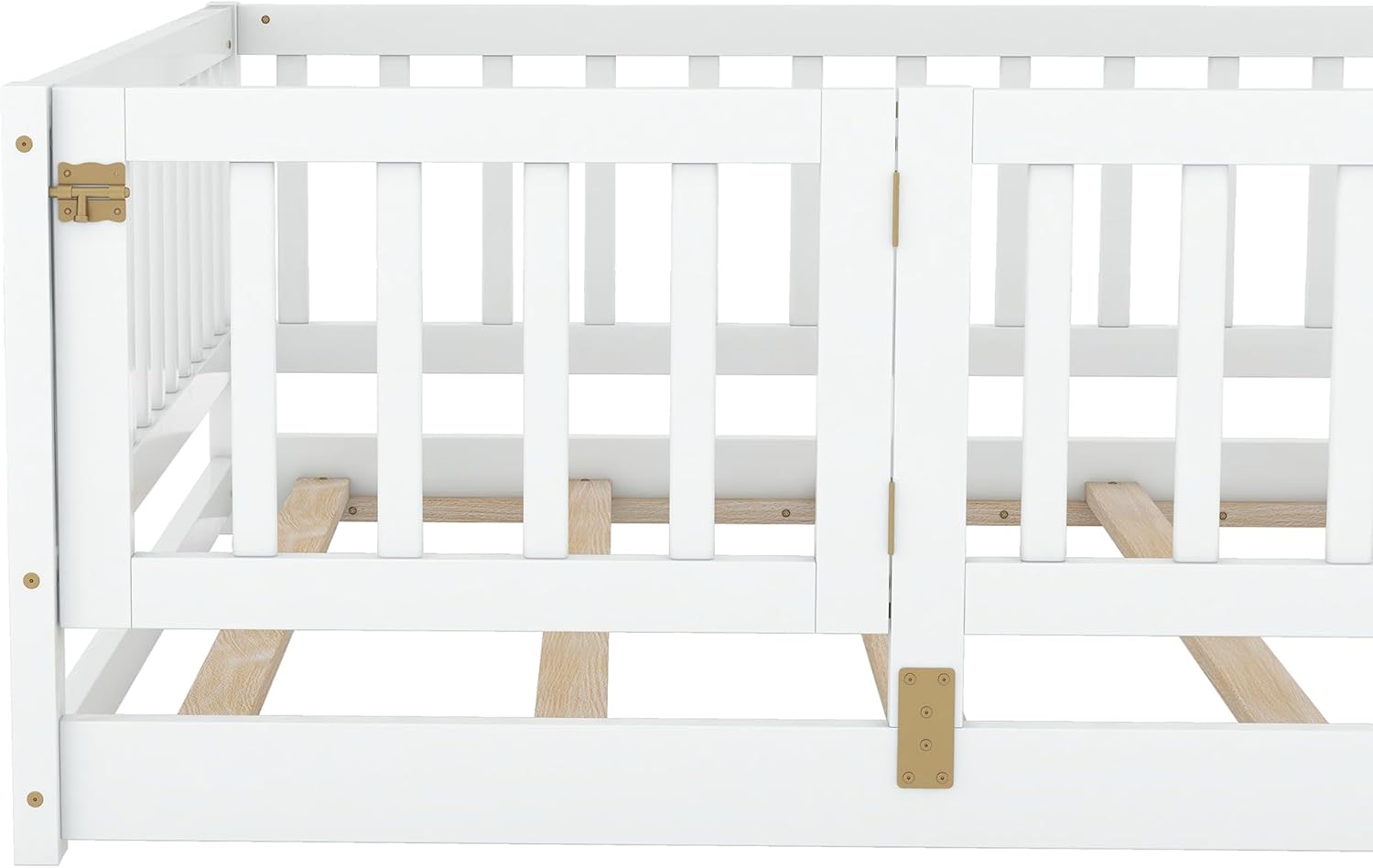 Full Size Floor Bed with Fence and Door, Full Size Bed Frame for Girls Boys (White)