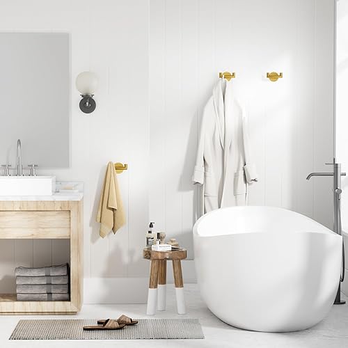 Miniatura 2 de Paquete de 2 ganchos de baño dorados cepillados para toallas, ganchos dobles autoadhesivos para pared, sin taladrar, acero inoxidable 304, sujeción