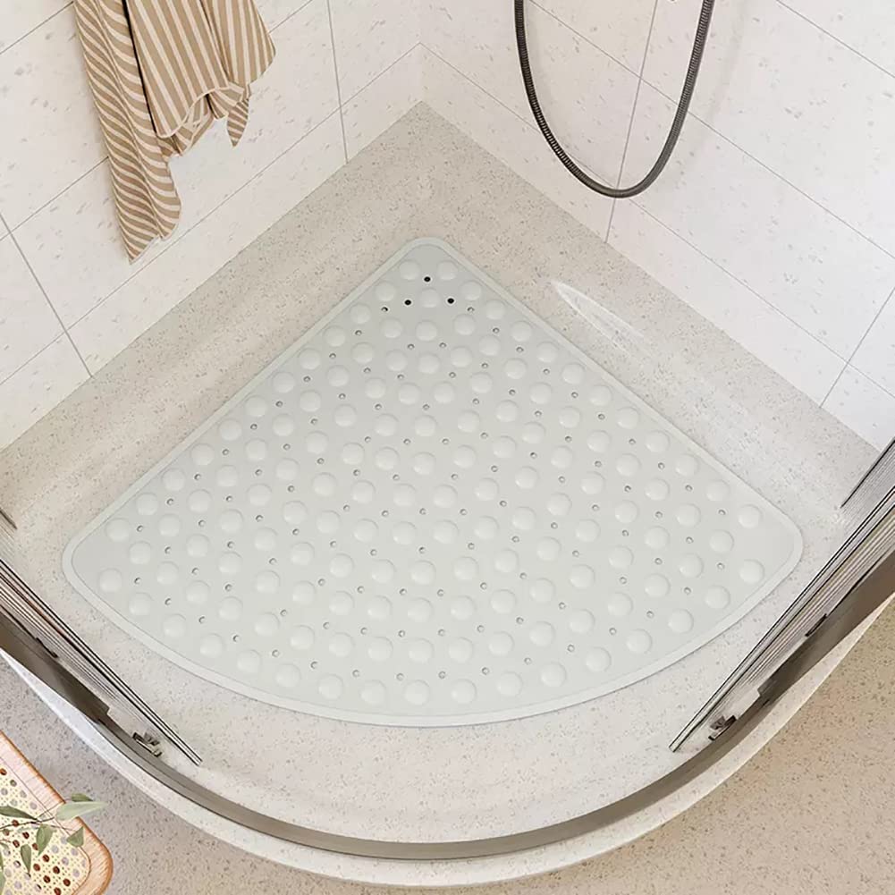 QYMYOZ Non-Slip Triangle Shower Mat 80x80cm TPE Anti-Slip Bath Mat with Suction Cups & Drain Holes Ideal for Shower or Bathtub - White Triangular Bath Rug