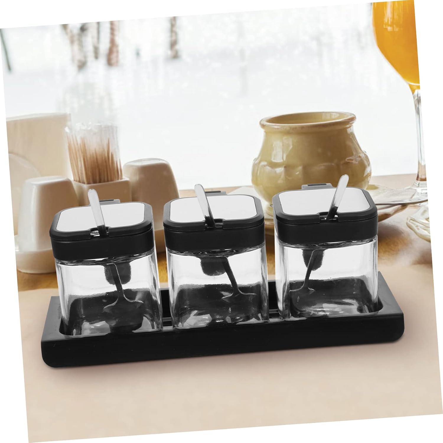 COLLBATH Glass Seasoning Jar Set with Tray, 255ml Black Plastic Holder