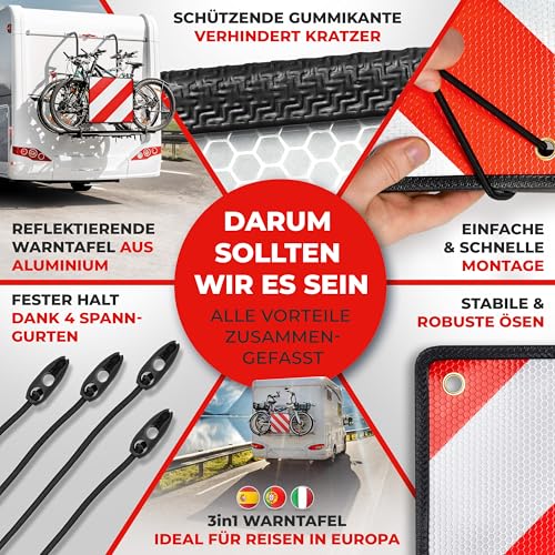GEARLINE® 3-in-1 Warntafel für Italien, Spanien & Portugal [inkl. 4 Spanngurte] - Reflektierendes Warnschild für Heckträger bei Reisen nach Spanien, Portugal & als optische Kennzeichnung für Italien