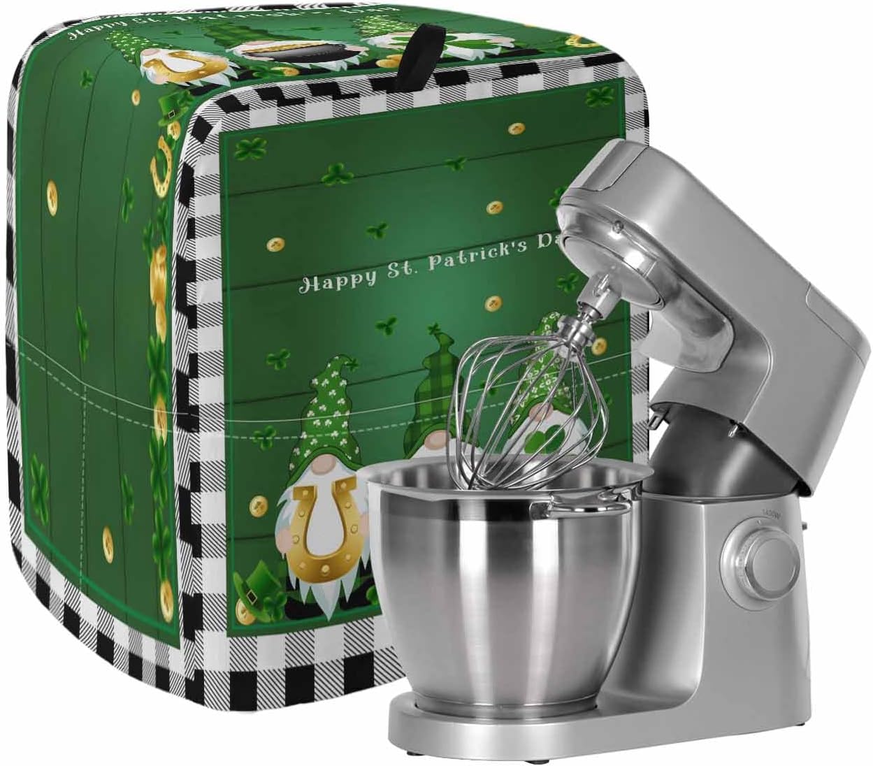 St. Patrick's Day Stand Mixer Cover with Storage Pocket, Waterproof Kitchen Mixer Covers, Green Shamrocks Gnomes Gold Coin Plaid Kitchen Appliance Dust Cover Compatible with 6-9 Quart Mixers
