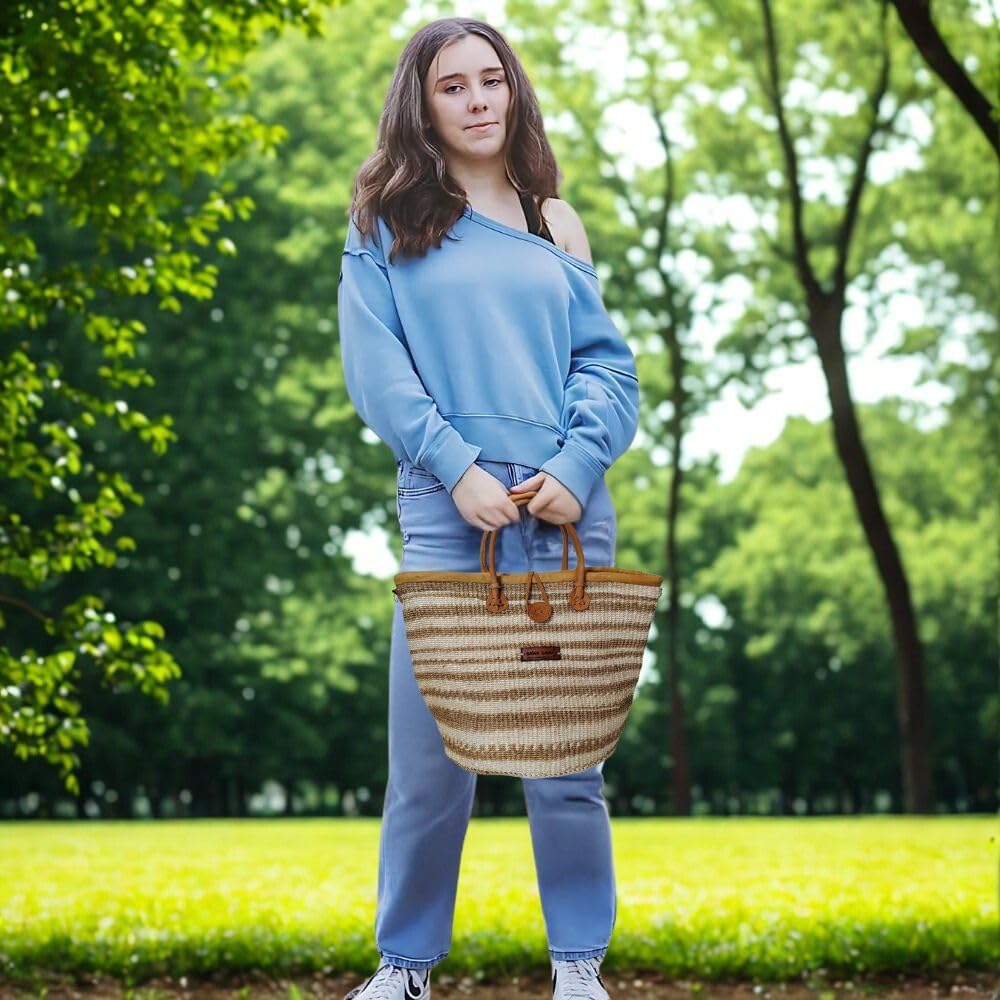 Rooted in Life Basket – Handwoven Sisal Tote Bag with Leather Trim with Leather Handles and Button Closure, Large Straw Purse Perfect for Travel, Handmade Summer Beach Tote Handbag for Women - Image 2