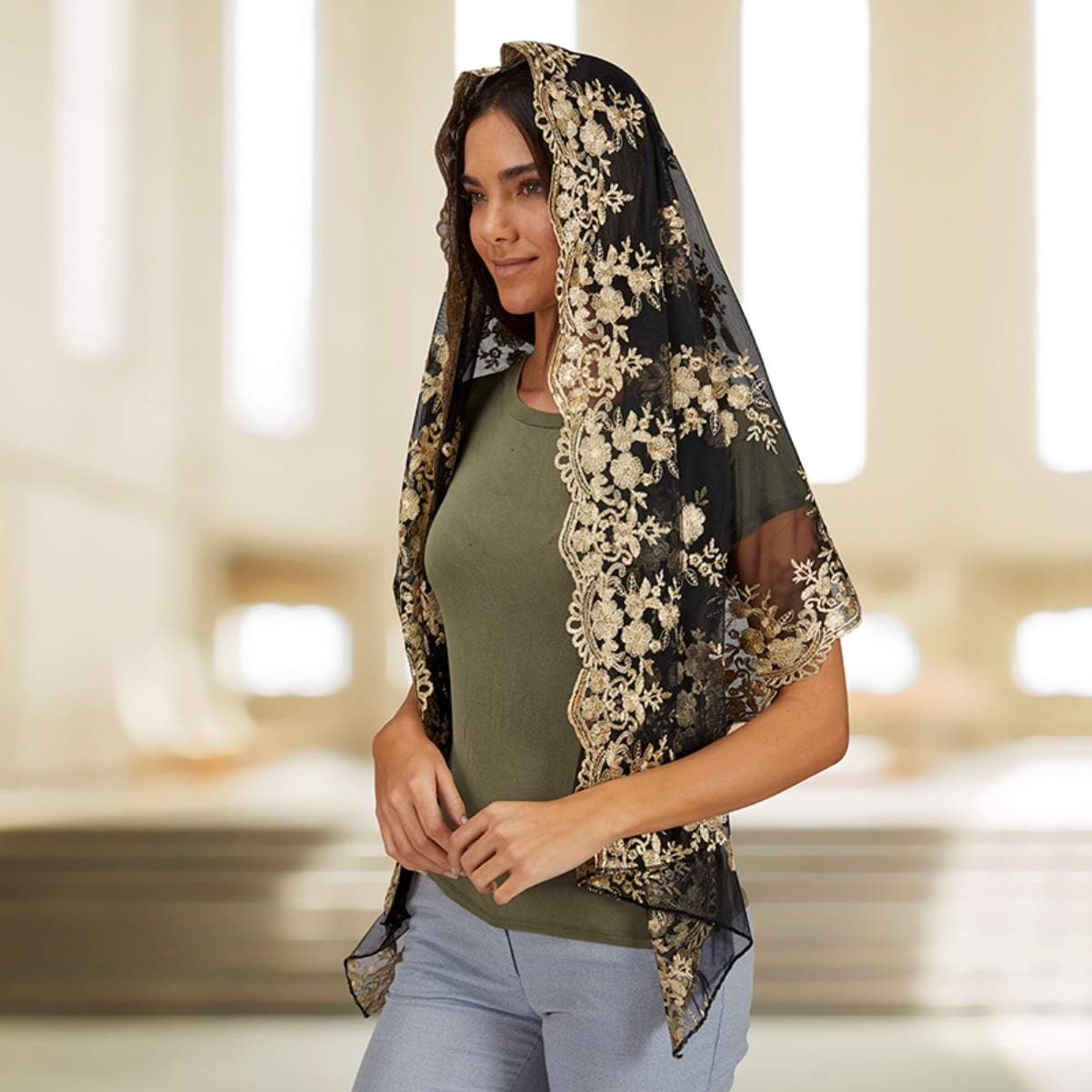 Needzo Two-Tone Gold Tone and Black Long Chapel Veil, 68 Inch