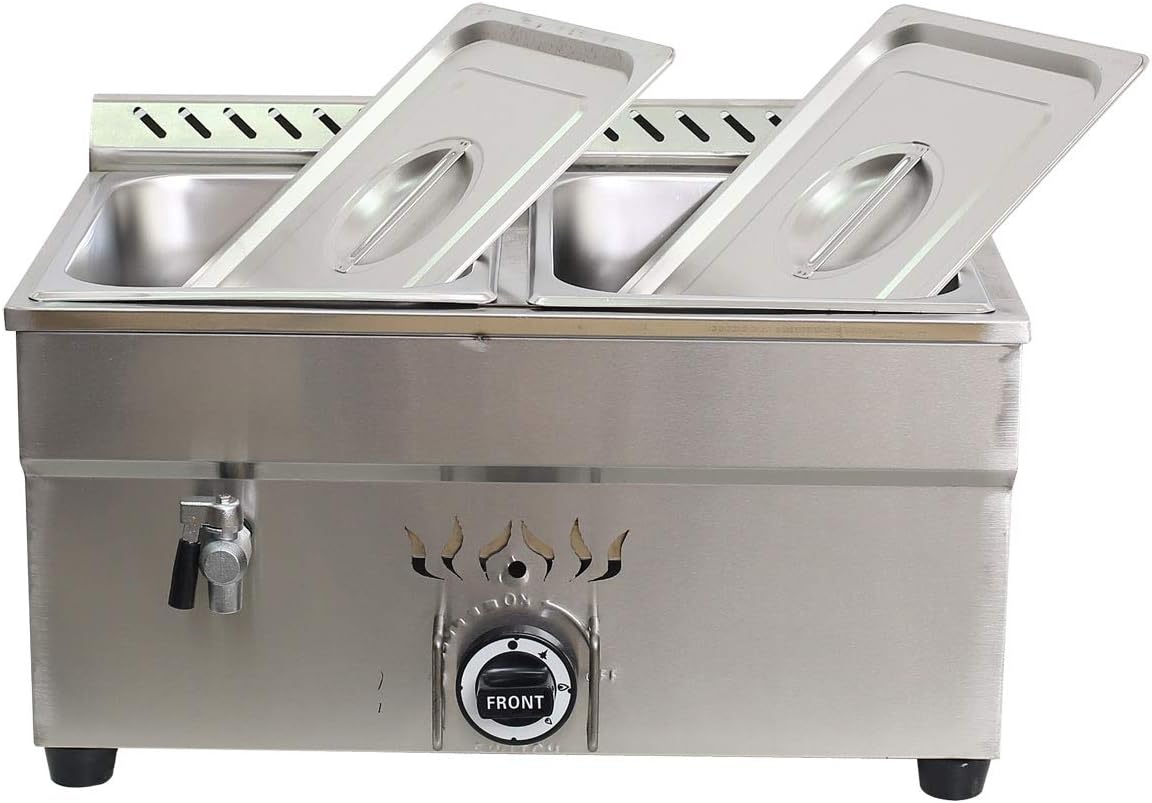TECHTONGDA Propane Gas Food Soup Warmer Stove Bain Marie Commercial Canteen Buffet Steam Heater with Regulator Valve 12''x8.7''x4'' Pan 2 Pan