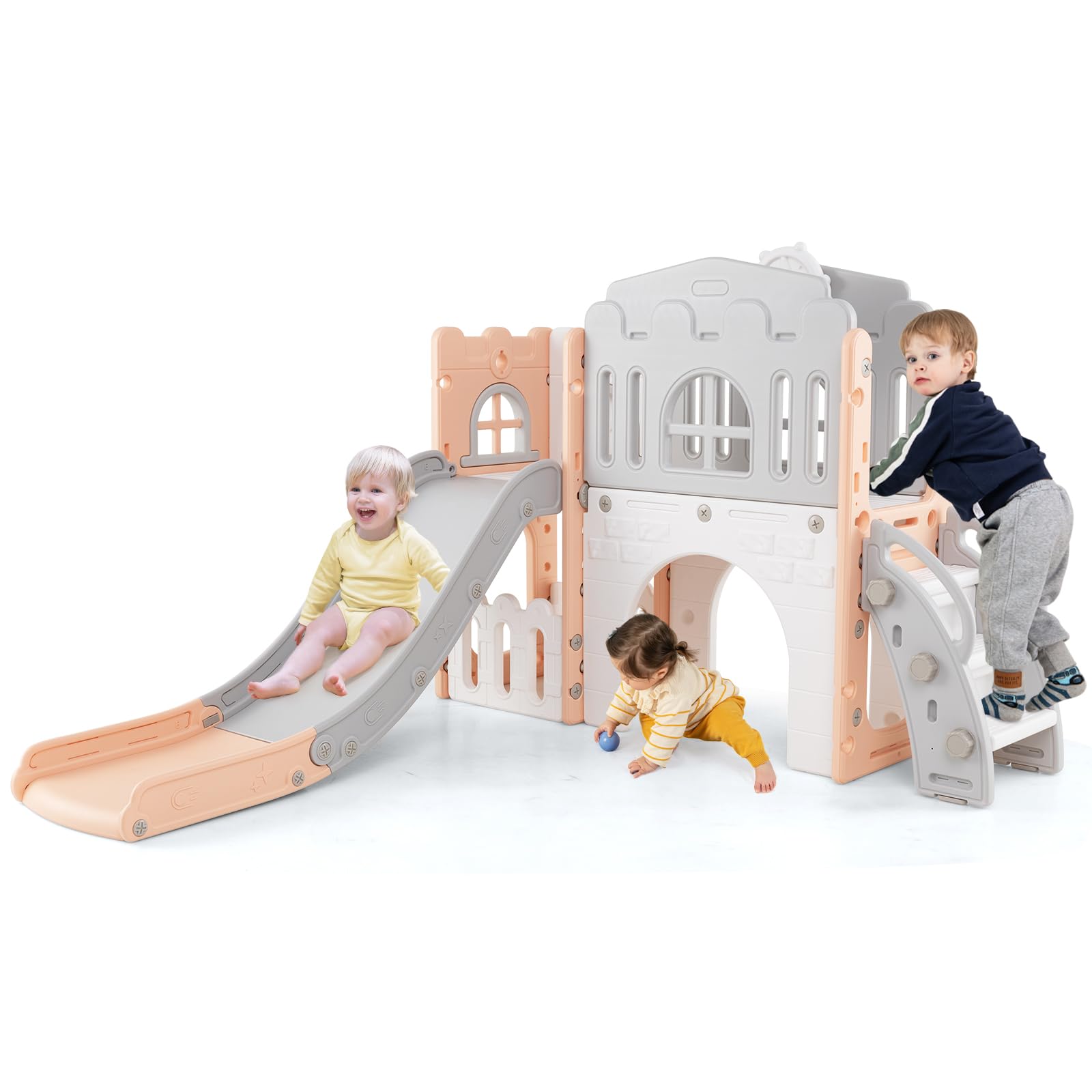 HOMASIS Scivolo per Bambini in HDPE, 9 in 1 Parco Giochi con Volante, Cannocchiale, Canestro da Basket, Tunnel, Scala da Arrampicata, Palestra Montessoriana per Bambini da 3+ Anni (Rosa)