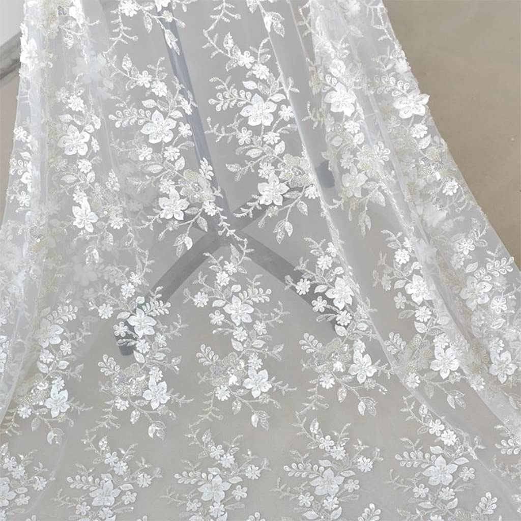 1PCS 125 Cm Trójwymiarowa Haftowa Koronkowa Tkanina Z Cekinami, Woodele Woutor Materiał Odzieży Ręcznie Robiony Tkanina DIY(White)