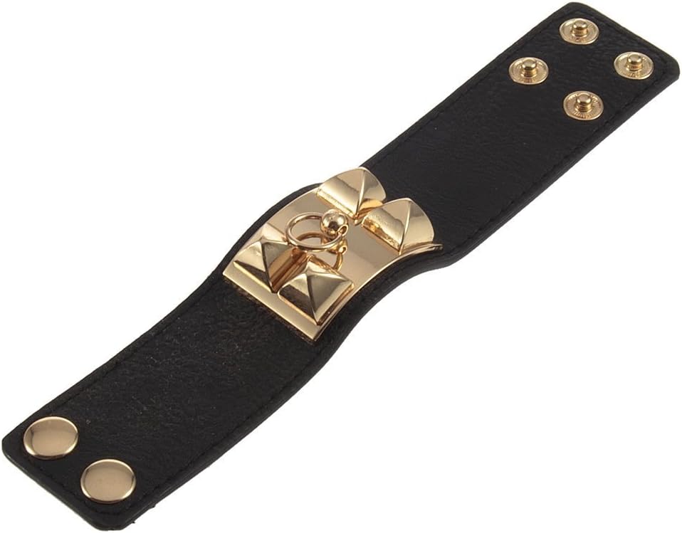 Gold Pyramid Stud European Leather Cuff Bracelet - Black Color