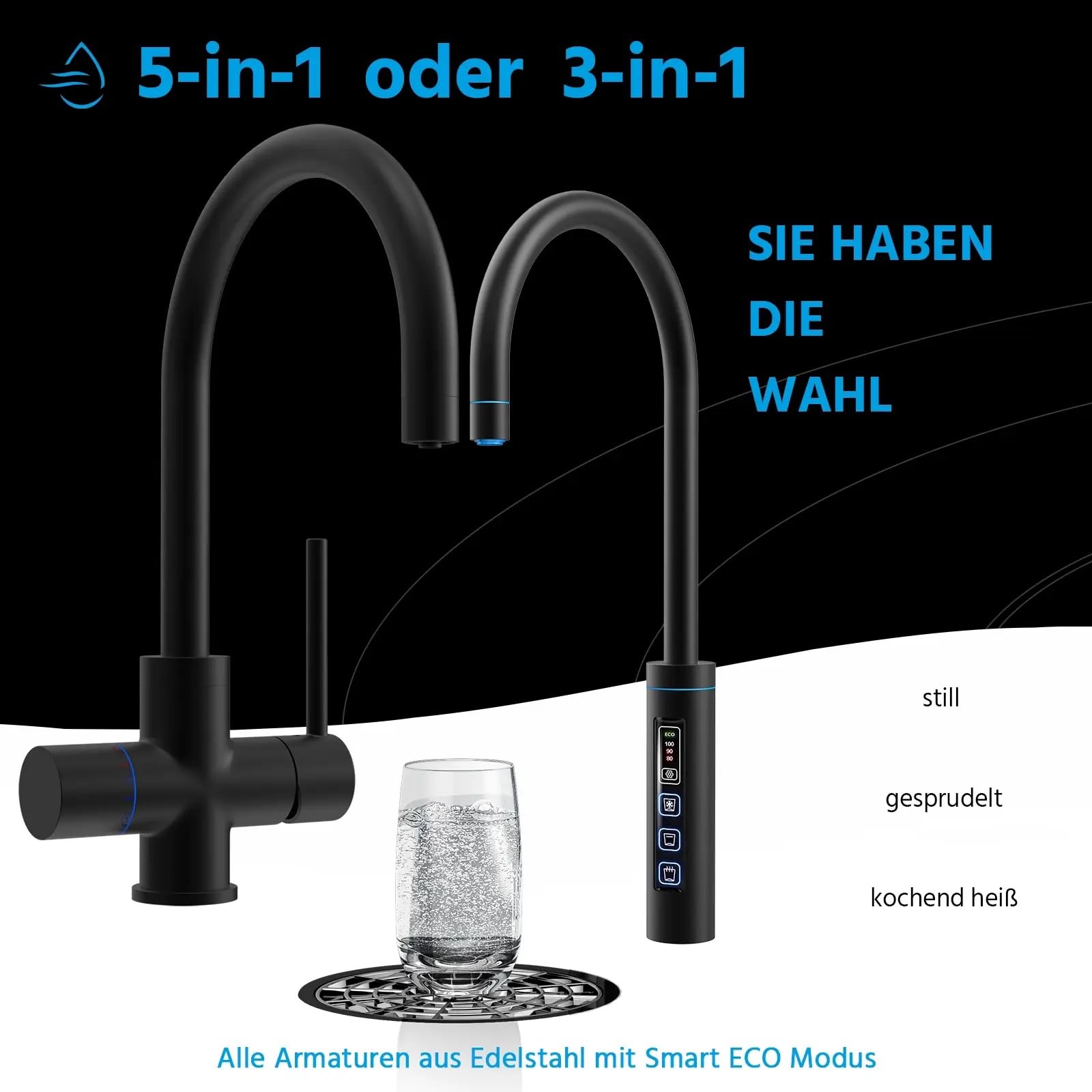 HappyFilter FizzRed Wassersprudler Wasserkocher | gekühlt | gesprudelt | kochend| 5in1 Black Wasserhahn | Kalkfilter | Wasserspender | Büro | Küche | Festwasseranschluss | 2kg CO2 Adapter