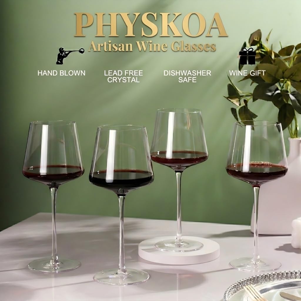 Physkoa Kristall-Rotweingläser 4er-Set - 21 OZ, Modernes Design mit hohem, langem Stiel, Quadratische Weingläser mit flachem Boden, Mundgeblasen, Ideal für vollmundigen Wein