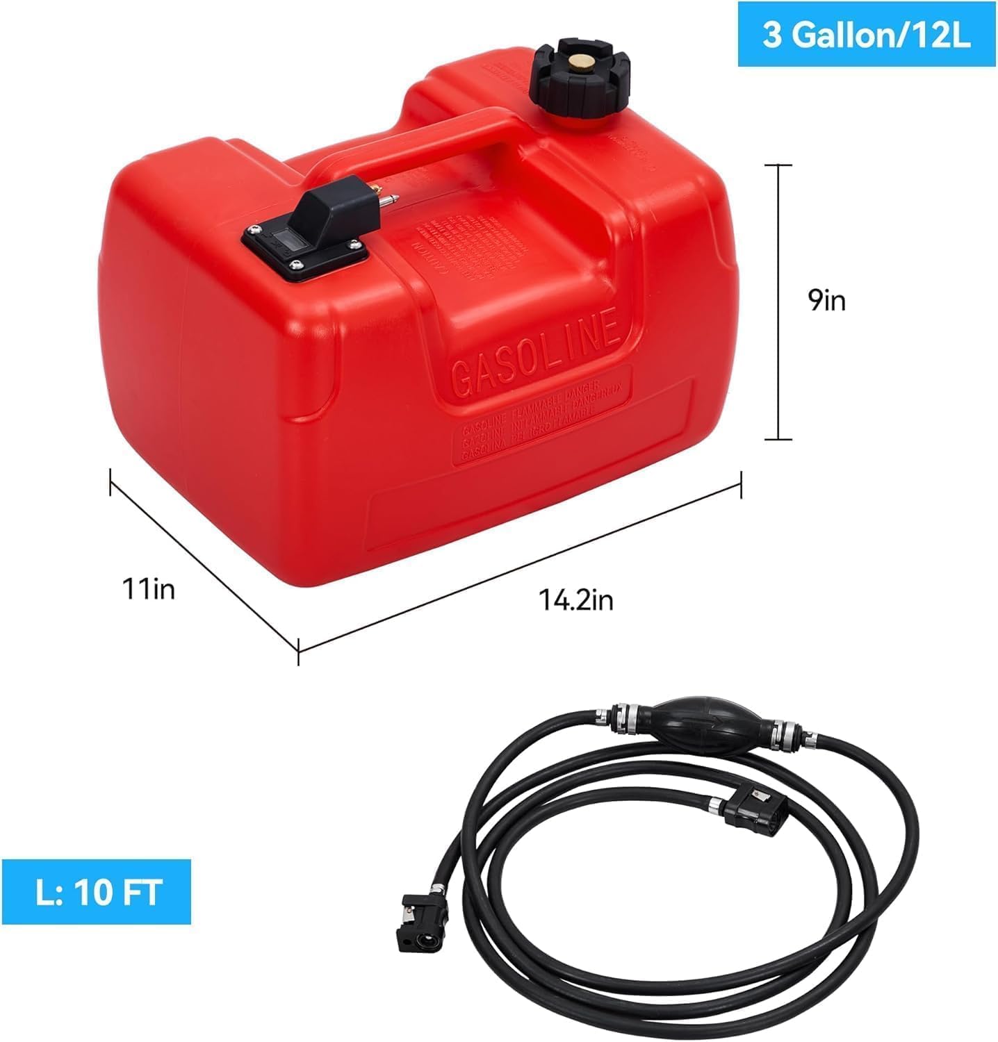 Marine Tank,3 Gallon /12 L Portable Tank with 10ft Hose,I-Shaped Handle,Marine Boat Transfer Tank for Outboard Engine, Yacht, Fishing, Deck Boat,
