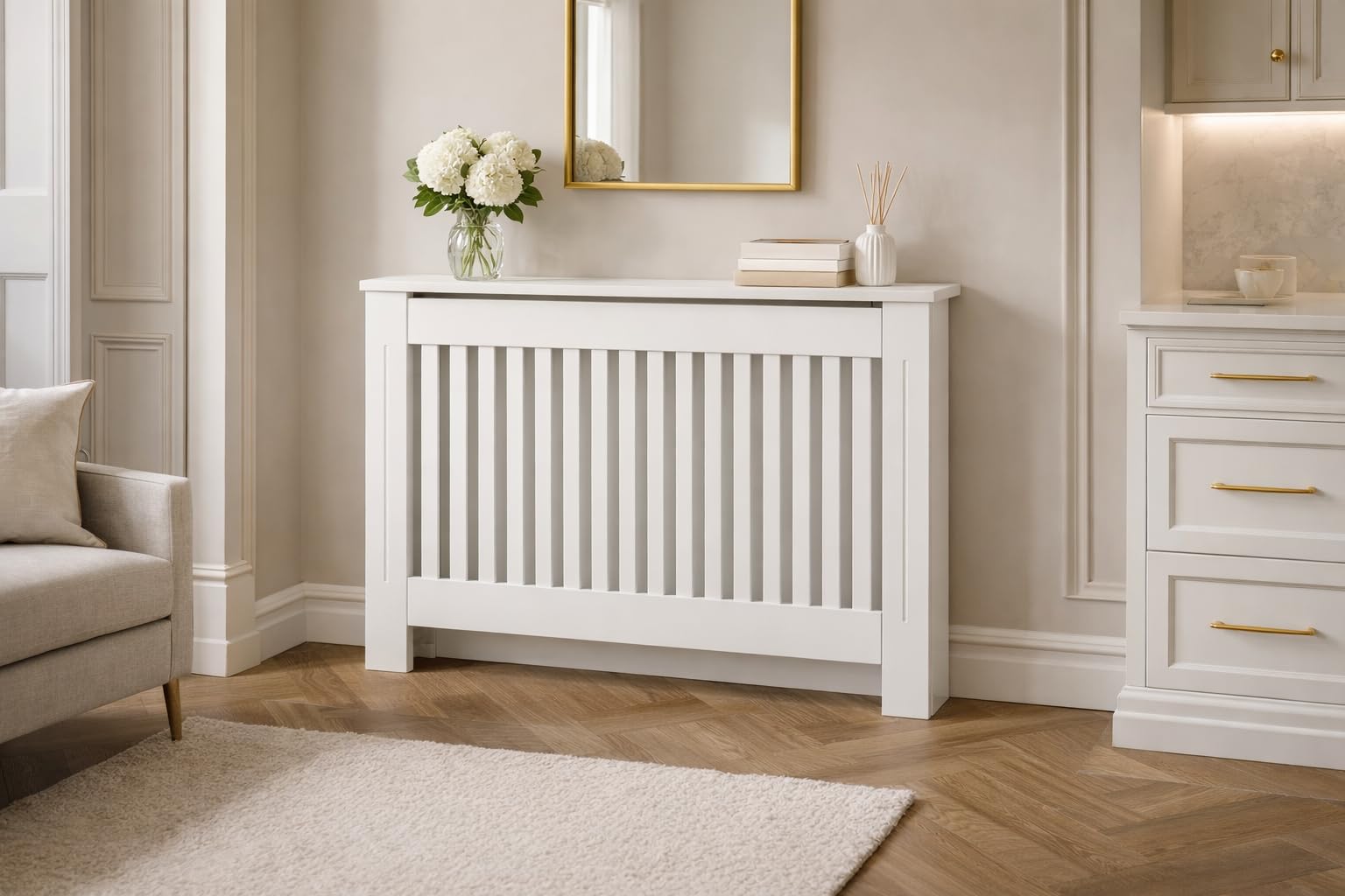 Home Treats White Wooden Radiator Cover | Heat Cover Safety Guard | Radiator Shelf Living Room Furniture (Medium)