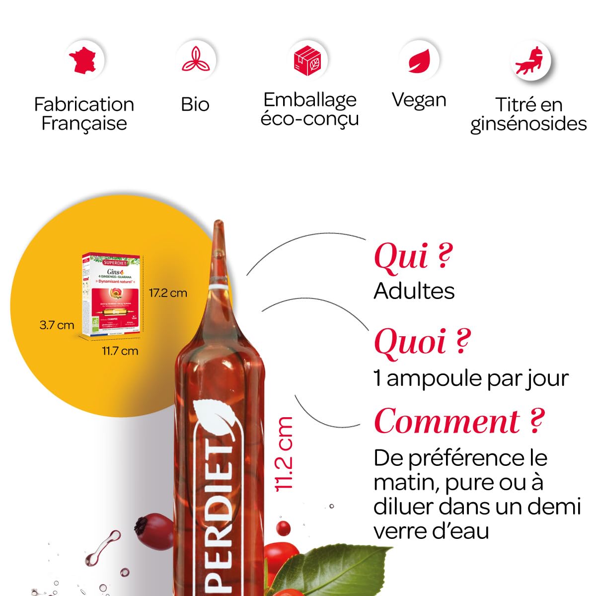 SUPERDIET - 4 GINSENGS ET GUARANA - Boosters toniques, Défenses immunitaires, Formule à bases de 4 ginsengs-20 ampoules de 10 ml