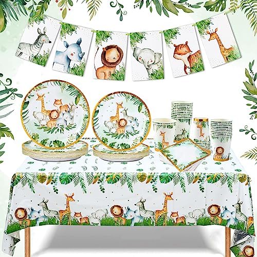 Set Stoviglie Per Feste Di Compleanno A Tema Animali - Piatti, Bicchieri, Tovaglioli E Tovaglia Per Bambini, 56 Pezzi