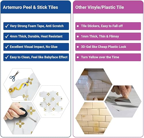 Miniatura 7 de Artemuro Azulejos de PVC para despegar y pegar, de 9.8 x 10.8 pulgadas, para cocina, baño, lavandería, cámper, chimenea, encimera (mármol blanco