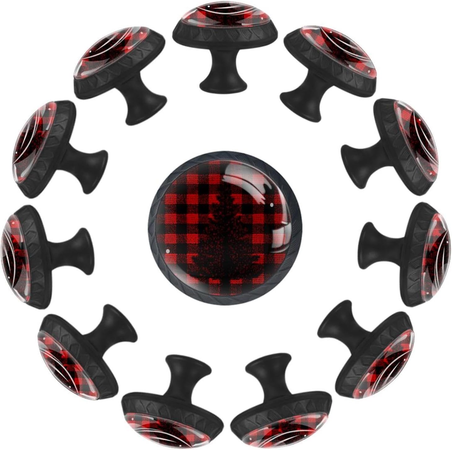 Black Christmas Tree on Red Black Checkered (1) Cabinet Knobs for Drawers, Glass Decorative Pulls with Screws for Kitchen Furniture