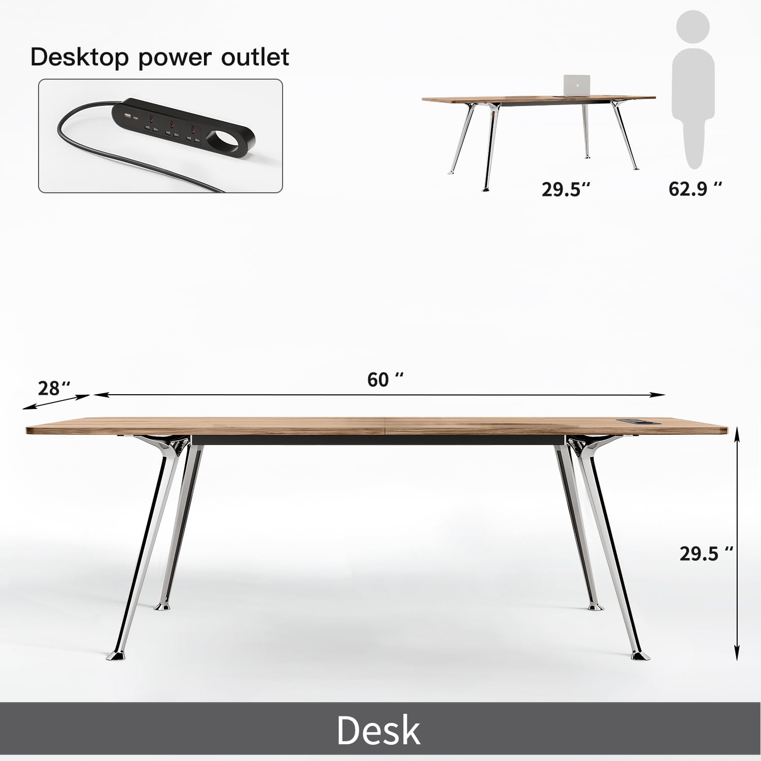 Writing Computer Desk, 60-Inch Large Executive Desk Office Workstation with Chrome-Plated Legs and Built-in Power Outlet, Writing Table Business Furniture, Modern Minimalist Style for Home Office