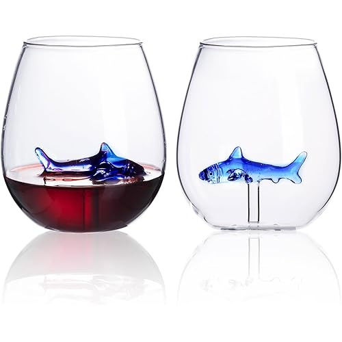 Stemless Wine Glass with Shark Inside, 16 OZ Large Capacity Unique Wine Glasses with 3D Shark Marker for Holiday Birthday Gifts