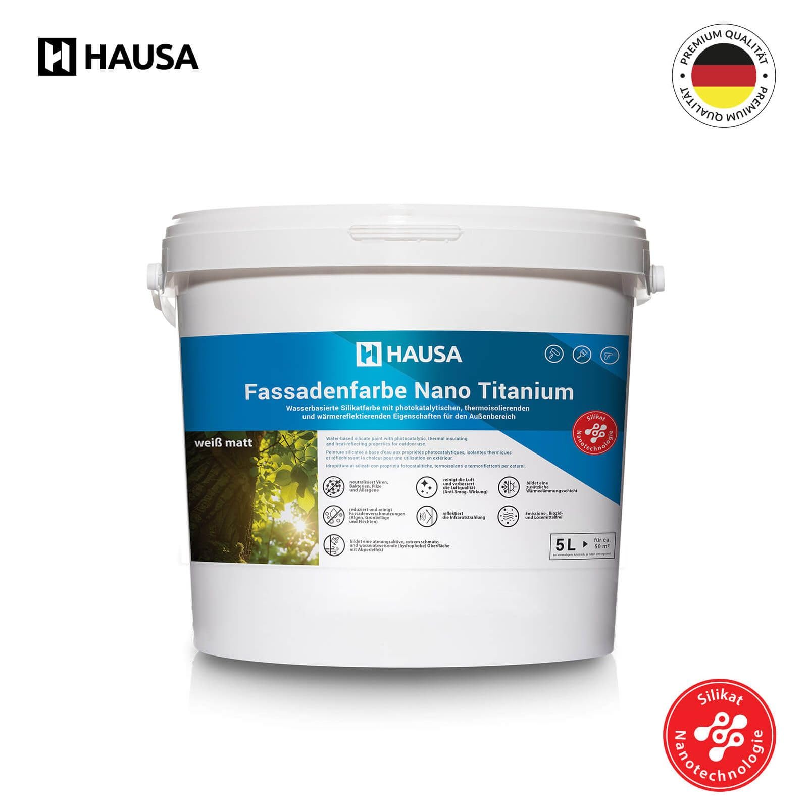 HAUSA Fassadenfarbe Nano Titanium 5L weiß matt Wandfarbe für Außen mit Abperleffekt, extrem wetterbeständig, energiesparend thermoisolierend, reinigt die Luft (Anti-Smog Wirkung) algenresistent