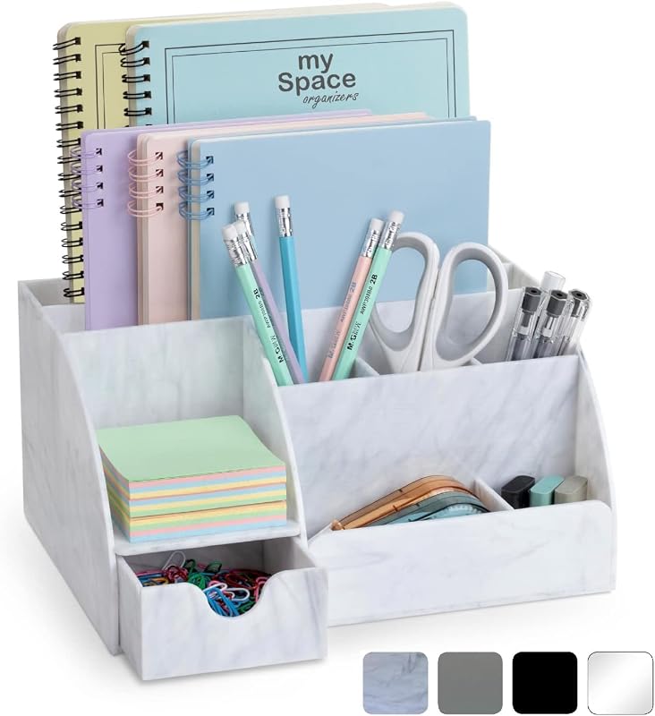 Organizador de escritorio de mármol para suministros y accesorios de oficina - 9 secciones - Almacenamiento de portalápices - Elementos esenciales de decoración de organización de escritorio (mármol gris blanco)