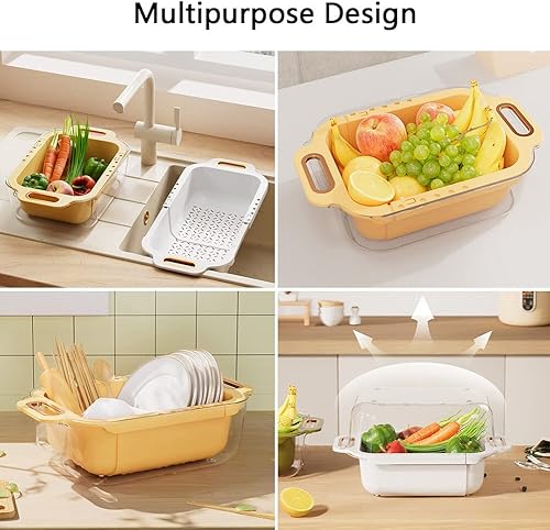 Miniatura 8 de Colador sobre el fregadero con cuenco extensible para lavar la cocina, 2 en 1, de doble capa y cesta para lavado de frutas y verduras, pasta de