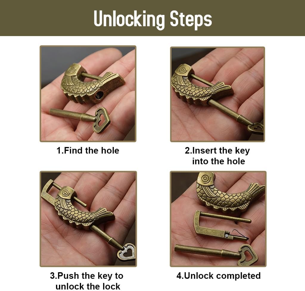 HASTHIP® Vintage Fish-Shaped Padlock with Key, Embossed Antique Jewelry Box Lock, Retro Zinc Alloy Lock for Wooden Box, Cabinet, Storage Chest, Decorative Old-Style Hardware