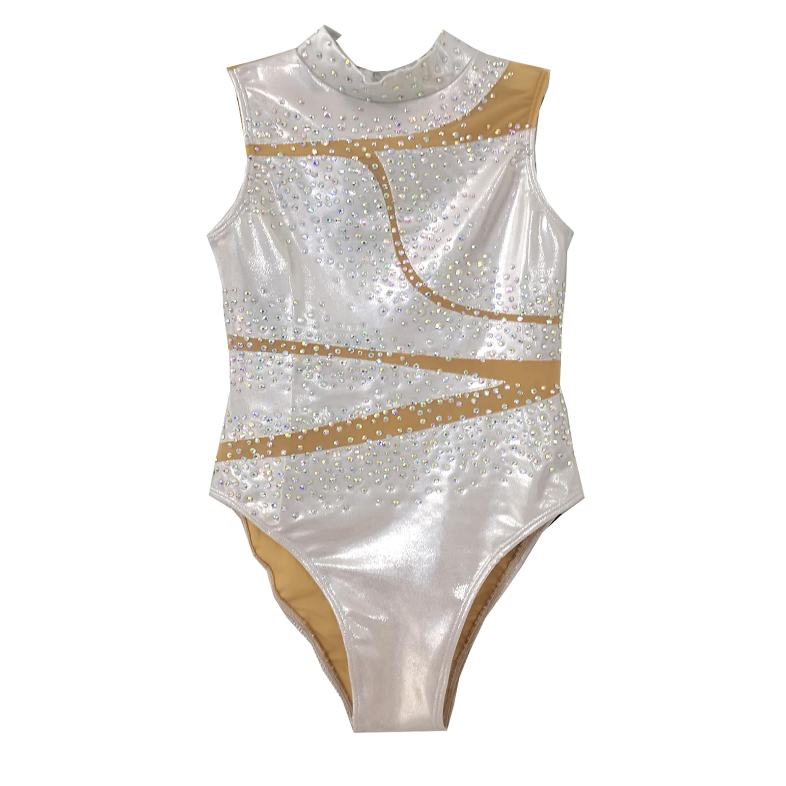 LIUHUO Costume da bagno sincronizzato da competizione, da donna, bianco, con strass, decorazione