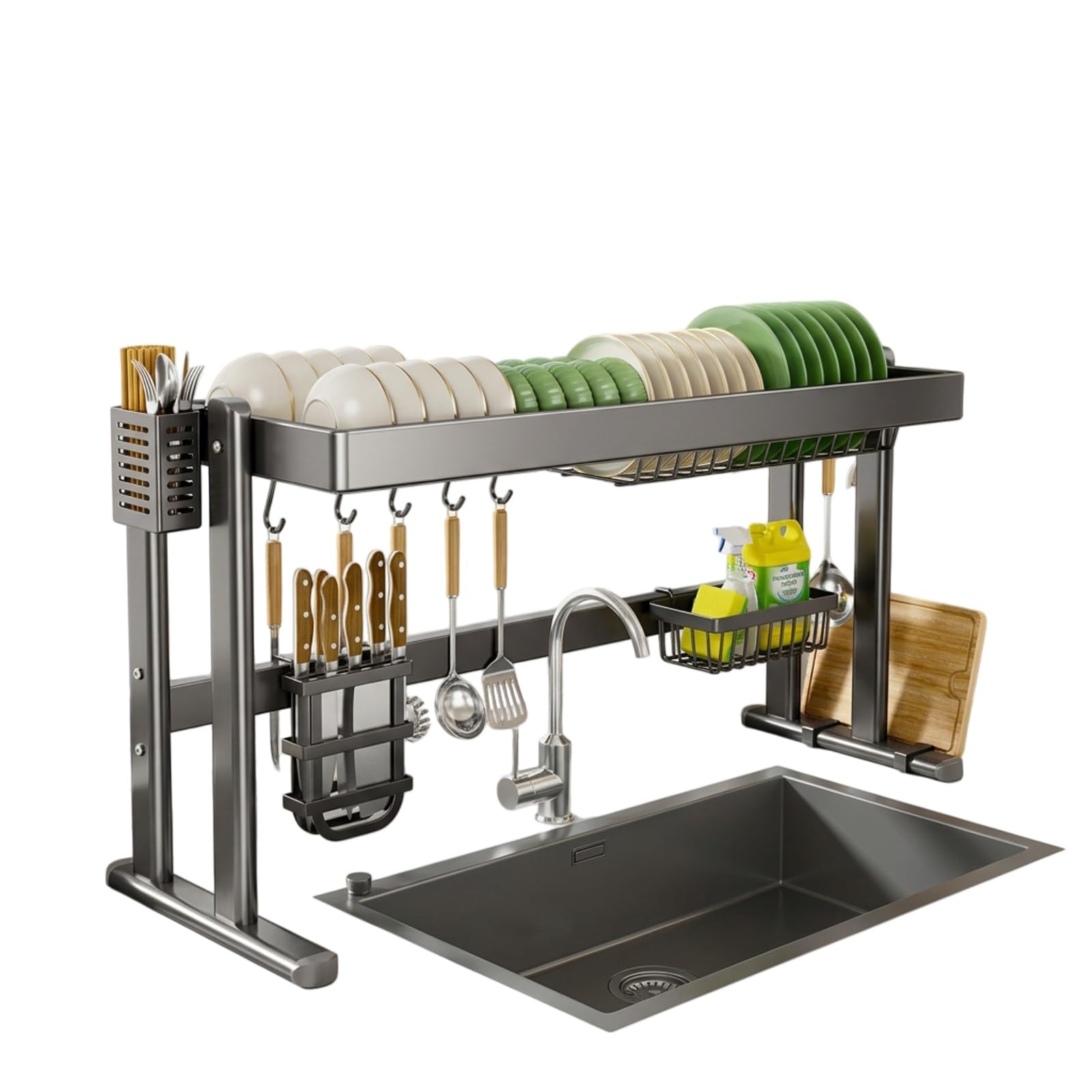 Escurridor de platos para fregadero, Organizador de cocina ajustable | Acero al carbono reforzado, Altura ajustable, Diseño antigoteo, Accesorios completos(95cm/37.4in)
