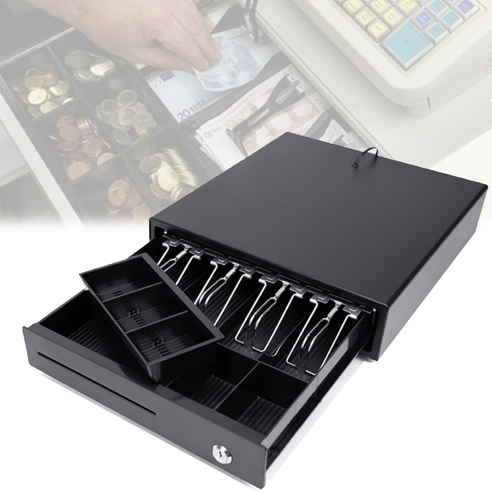 Automatische Kassenschublade für kleine Registrierkassen, 5 Geldscheinfächer und 4 Münzfächer, platzsparendes Design für Restaurants, Bars und Geschäfte