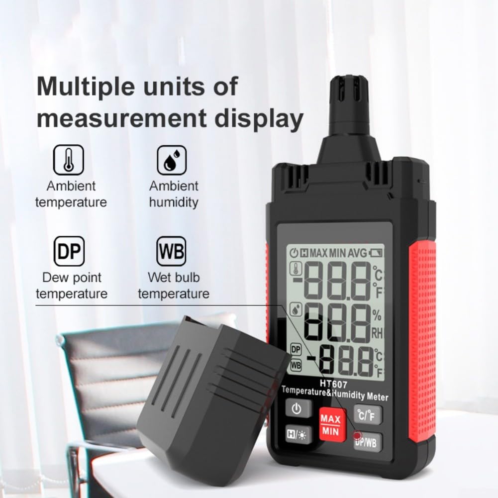 Termohigrómetro digital HT607, higrómetro profesional para temperatura, humedad, punto de rocío, bulbo húmedo, sensor alto con retroiluminación, retención de datos, apagado automático