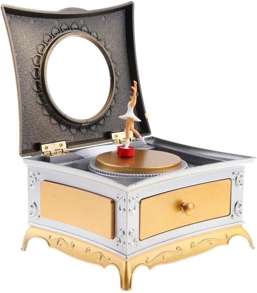 Vintage Golden Ballet Music Box Ballet Dancer Jewelry Box with Drawers Imitation Wood Decoration (Color : A) (B)