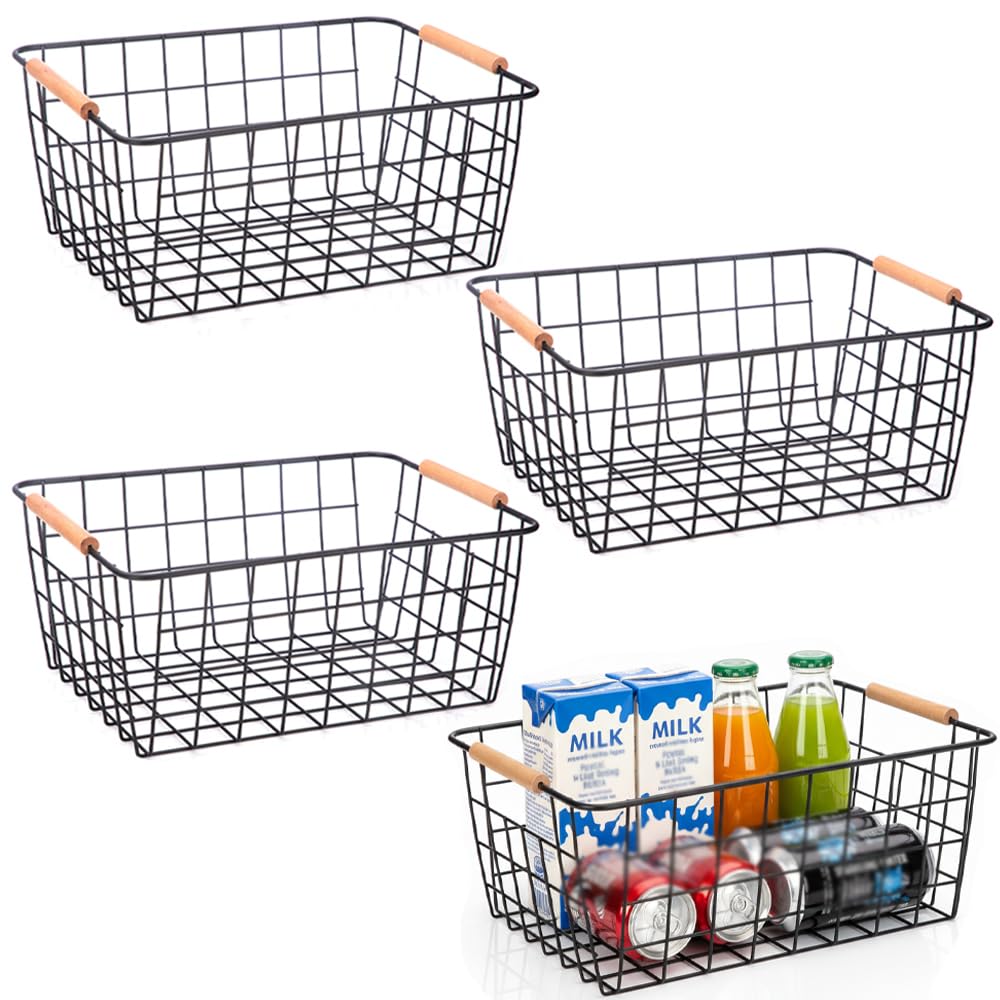 LeleCAT Wire Baskets with Wooden Handles, Wire Storage Organizer Baskets, Household Refrigerator for Cabinets, Pantry, Closets, Bedrooms - Set of 4（