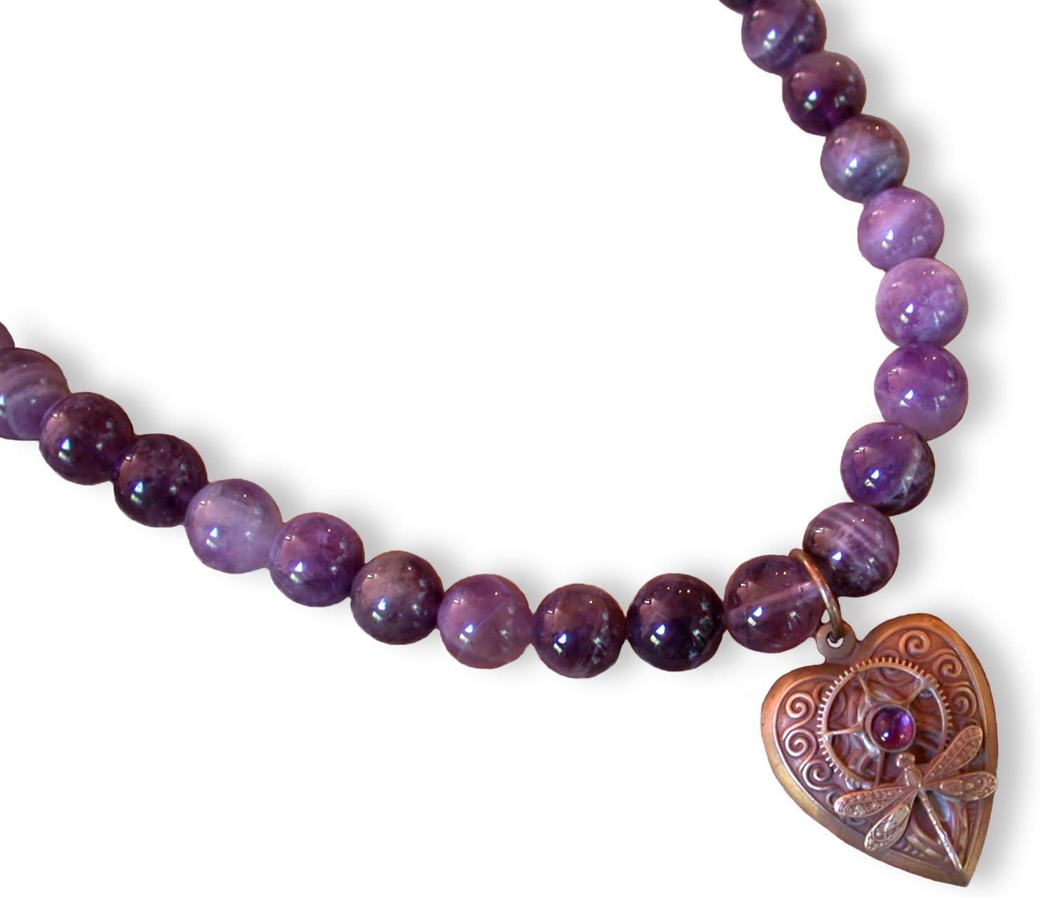 Elaine Coyne Collectible Artwear Neo Victorian Dragonfly, Vintage Gears on Heart Necklace - Amethyst - USA Made