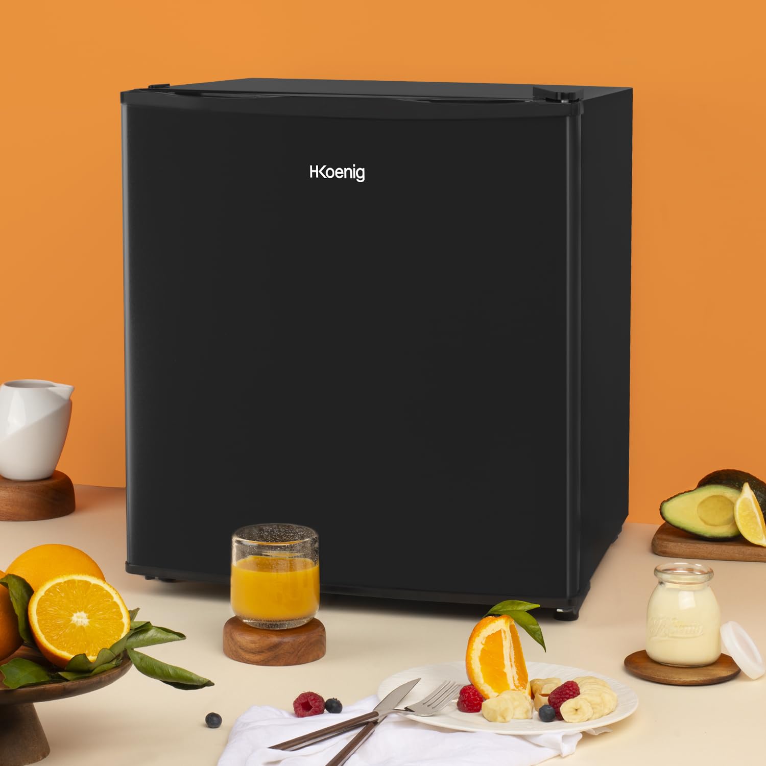 H.Koenig Mini réfrigérateur Frigo FGX470 Noir, 45L Compact, Silencieux, Porte Réversible, Thermostat Réglable, Compartiment Glaçons 4L, Pieds Réglables, 39 dB