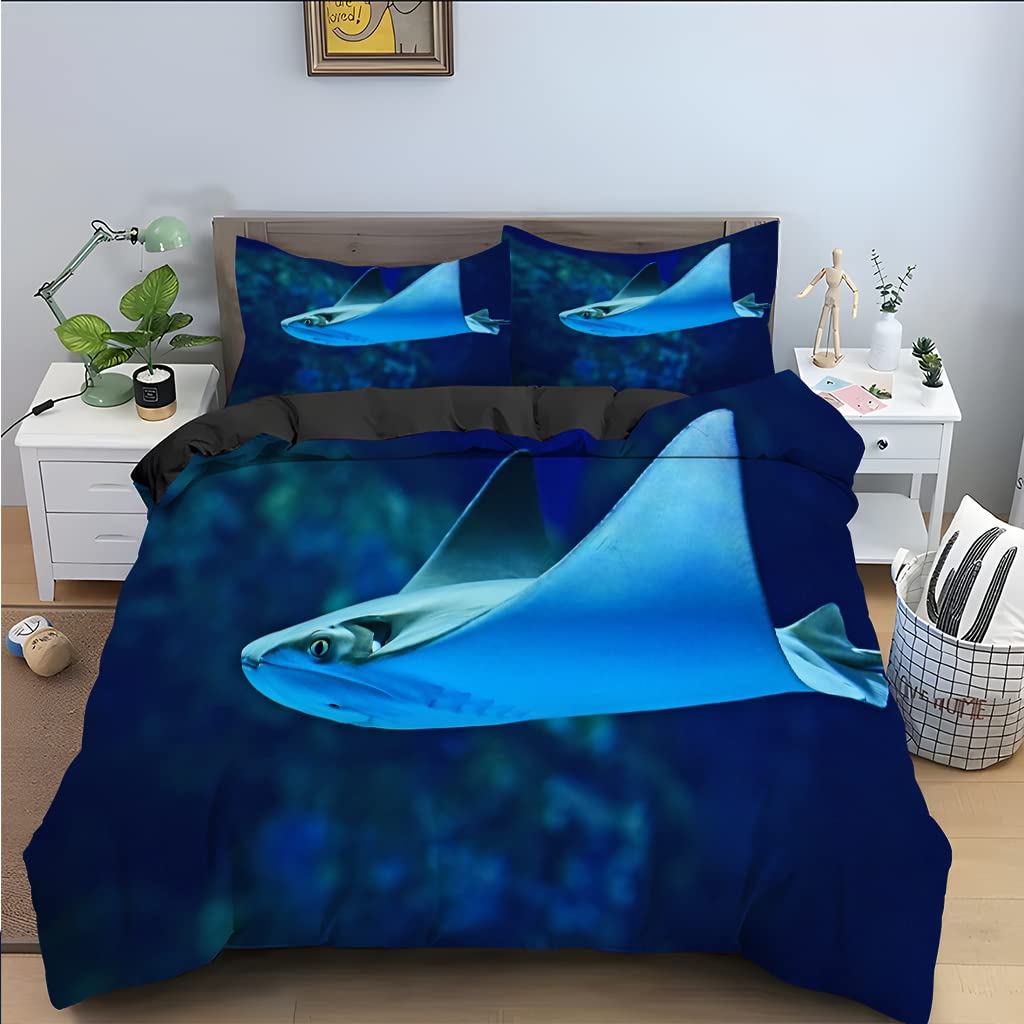 Parure de lit 90x190 enfant poisson bleu avec housse de couette en microfibre et taie d'oreiller