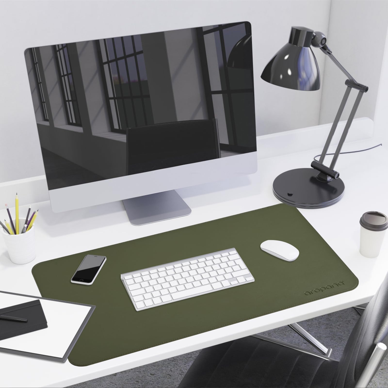 Aropana Anti-Slip Extended Mouse Pad 90x45cm | PU Vegan Leather Desk Mat | Large Computer Desk Protector Pad with Suede Base for Keyboard, Laptop, Office & Home (Deep Green) 1