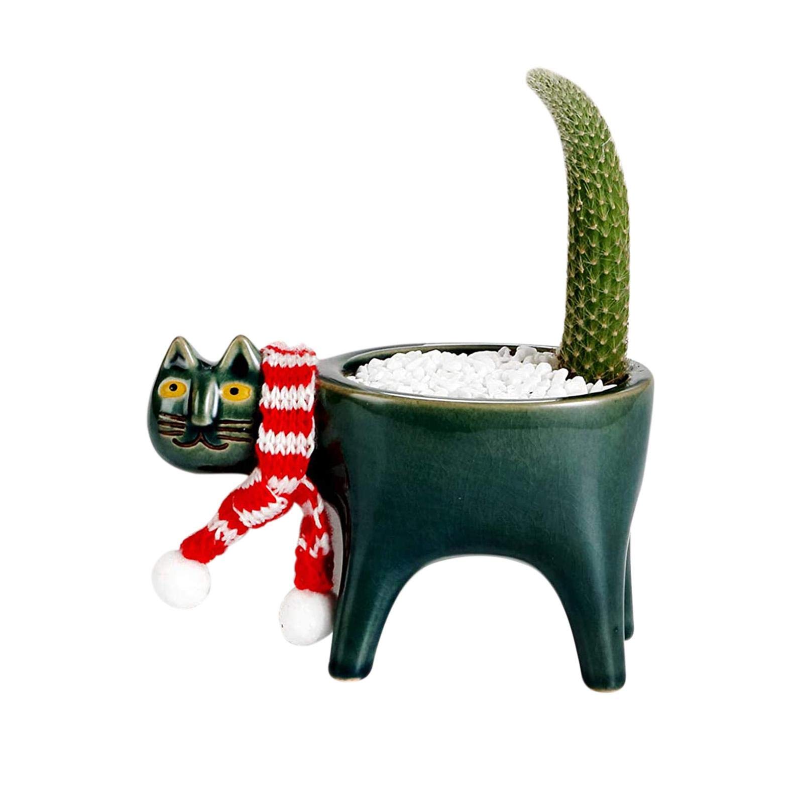 Courti Green Cat Planter,Ceramic Animal Planter Pots, Cute Cat Cactus Flowerpot, Cartoon Animal Ceramic Bonsai Holder Planter Plant Container