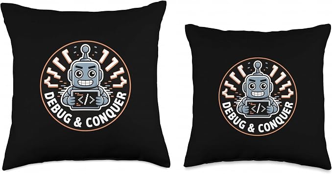 Debug and Conquer Funny Coding Robot Throw Pillow