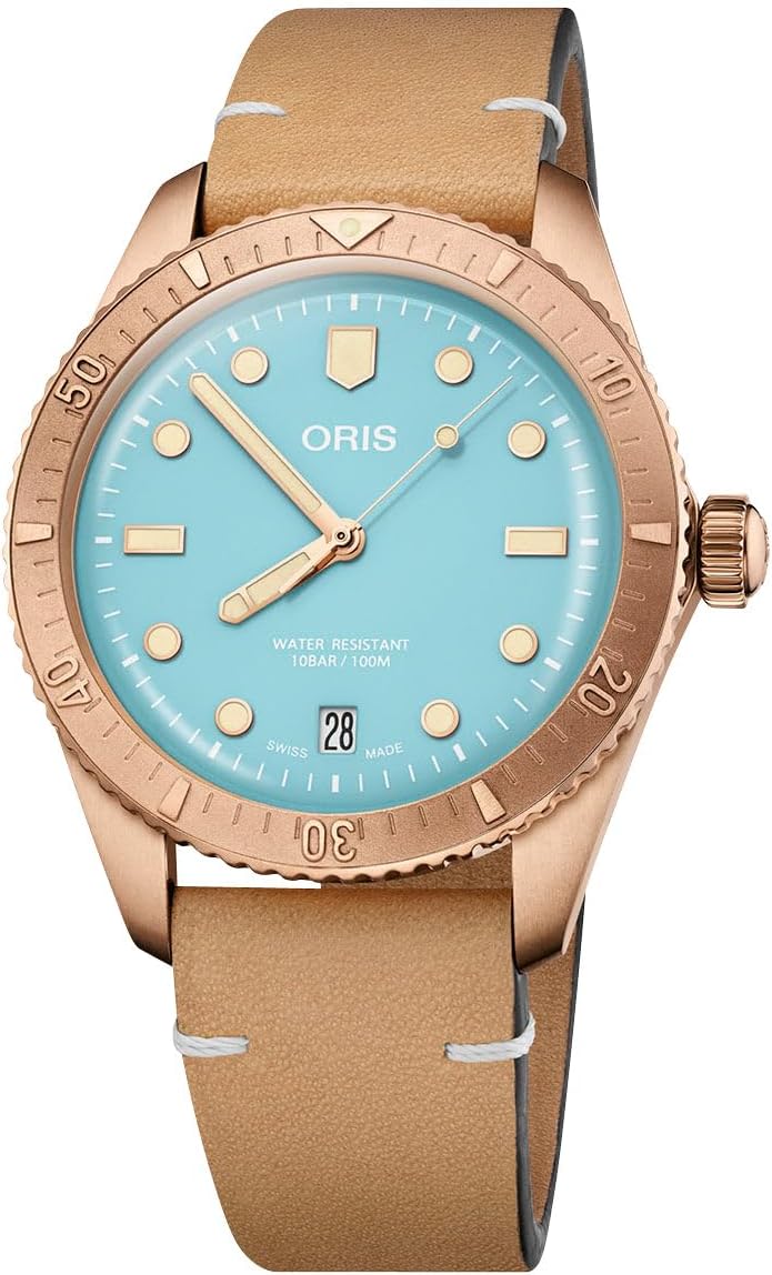 Oris Divers Sixty-Five Cotton Candy Automatic Bronze Blue Dial Brown Leather Strap Date Unisex Watch 733 7771 3155-07 5 19 04BR