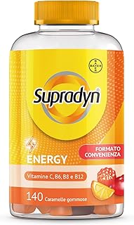 Supradyn Energy Multivitaminico Caramelle, Integratore Multivitaminico Completo, con Vitamine A, B, C, D, E e Coenzima Q10, 140 Caramelle Gommose Multivitaminiche Gusto Ciliegia, Lampone e Arancia
