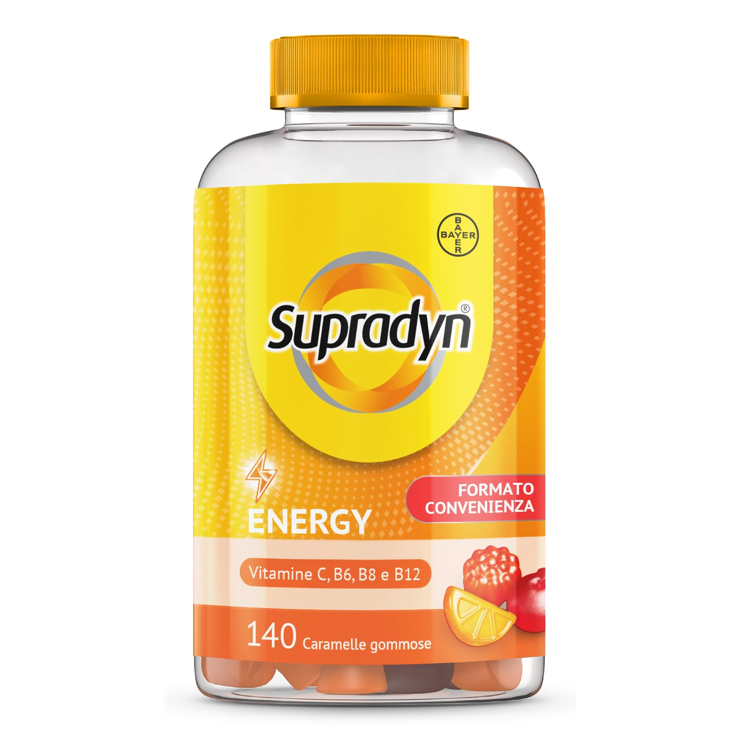 Supradyn Energy Multivitaminico Caramelle, Integratore Multivitaminico Completo, con Vitamine A, B, C, D, E e Coenzima Q10, 140 Caramelle Gommose Multivitaminiche Gusto Ciliegia, Lampone e Arancia