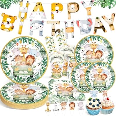 Ophy Juego de Vajilla de Fiesta 134 Piezas Kit de Vajilla de Cumpleaños 25 Invitados Vajilla Fiesta Cumpleaños Vajill a Decoración de Fiestas de Cumpleaño Platos Vasos Servilletas Pajitas Mantel