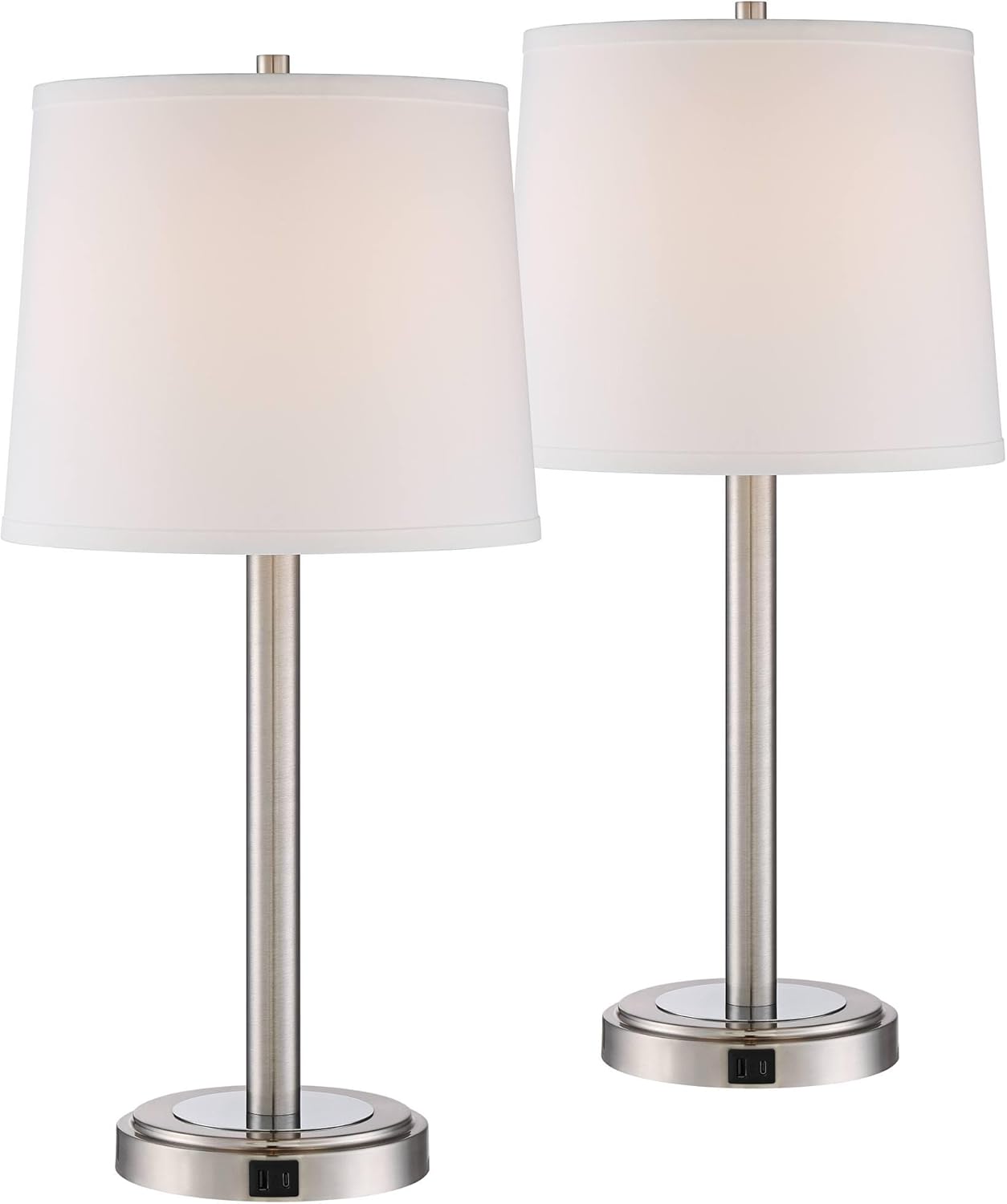 360 Lighting Camile 25" High Set of 2 Modern Hotel Style Table Lamps with USB Ports A+C Charging Brushed Nickel Off White Drum Shade for Living Room Desk Bedroom House Bedside Nightstand Home
