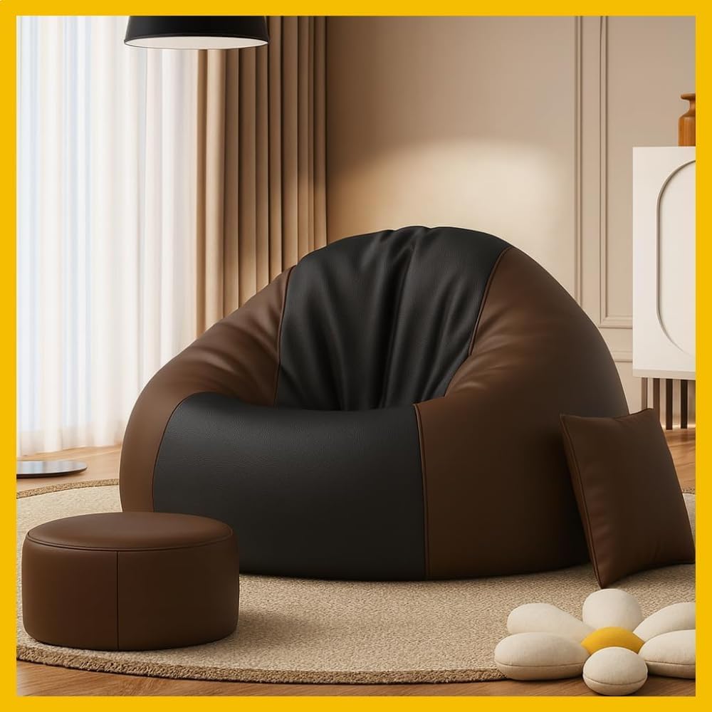Metro Kreations 4XL Tear Drop Bean Bag Chair with Footrest & Pillow | Premium Leatherette Bean Bag Cover (Without Beans) | Brown and Black | Upto 150 Kg Capacity | Living Room Lounger 1